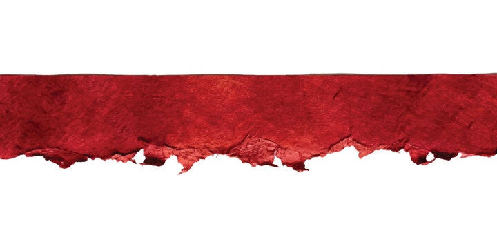 Horizontal strip of deep red handmade paper with a rough deckle edge isolated on a white background texture
