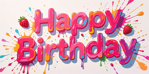Fototapeta premium Vibrant digital illustration for birthday, featuring pink 3d text with colorful paint splatters and strawberries on a beige background, in a playful cartoon style.