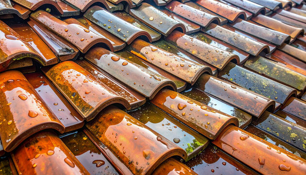 Close up of wet terracotta roof tiles