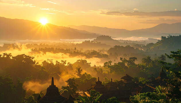 Sunrise over lush mountain landscape