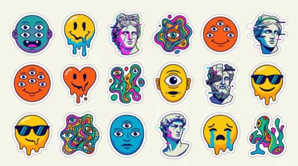 Gordijnen Abstracte kunst A surrealism art piece featuring various emoticon faces and abstract designs.  © Wankatsu