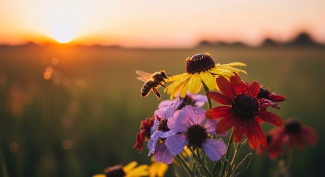 A bee flying over a field of colorful flowers at sunset.
