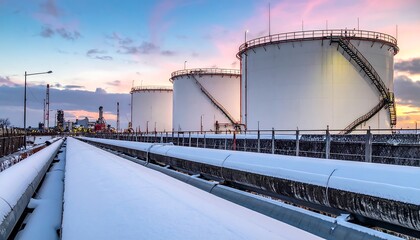 Obraz premium Snow-covered industrial complex featuring large white storage tanks, pipelines, and a structure during a sunset with colorful sky