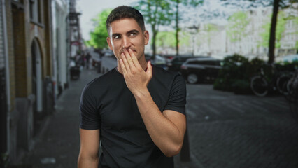 Fototapeta premium Young hispanic man with hand to lips for silence on city street near parked cars and bicycles; thoughtful curiosity.