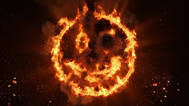 Cinematic slow-motion smile emoji formed from swirling fire particles, glowing embers and sparks drifting in dark environment, camera orbiting slowly around subject, volumetric lighting