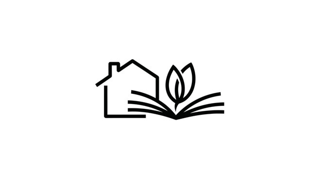 Open book with plant growing from pages next to house outline, concept of learning and growth