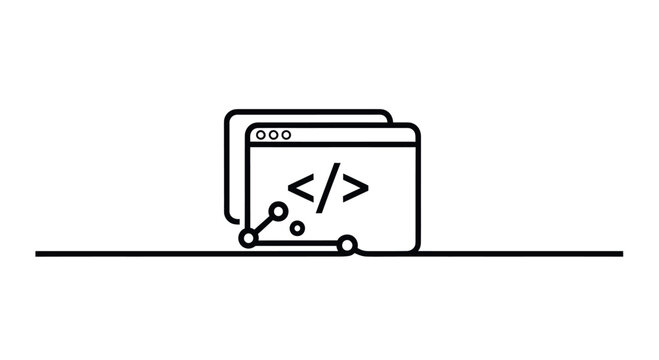 Coding browser window with script tags and connections, web development icon