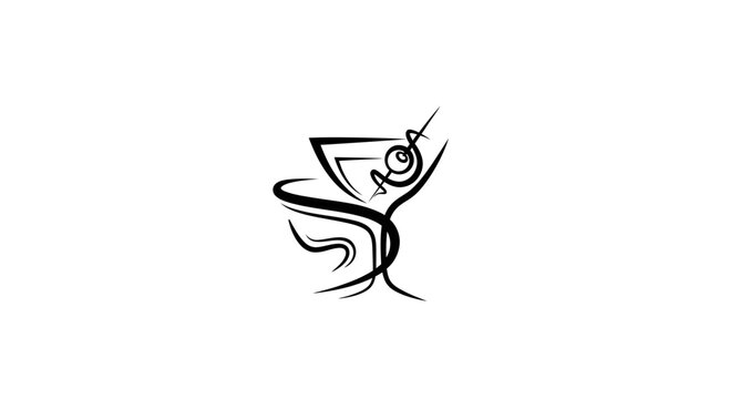 Abstract Martini Glass with Swirls and Olive - Minimalist Line Art