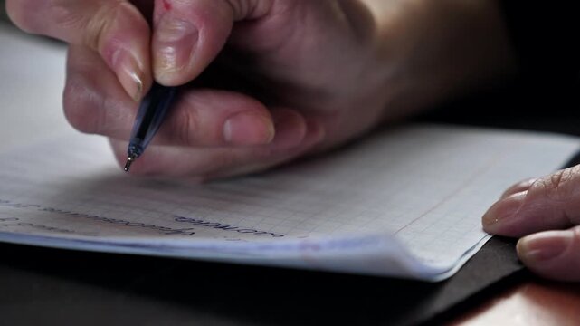 A close-up of the hand of a woman with nail dystrophy writing with a pen in a notebook while sitting at a table.