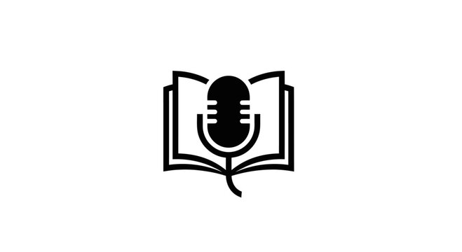 Open book with microphone icon, concept of audiobook, podcast, or spoken word learning