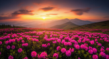 Fototapeta premium Vibrant sunset over a sea of magenta blooms in a tranquil meadow