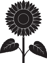 A stylized black and white illustration of a cheerful sunflower with broad leaves silhouette vector icon © Mostakim72