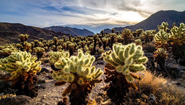 Cactus field against desert mountains under a cloudy sunset, golden light