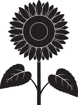 A stylized black and white illustration of a cheerful sunflower with broad leaves silhouette vector icon