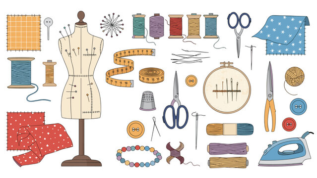 Extensive set of sewing and dressmaking tools including a mannequin, scissors, thread spools, needles, and colorful fabric scraps.