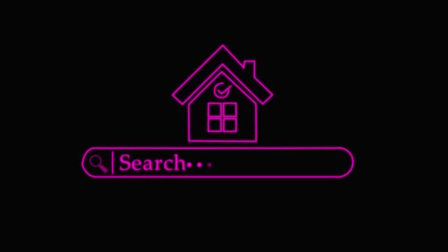 White line House & search icon isolated on black background. Home symbol. 4K Video motion graphic animation
