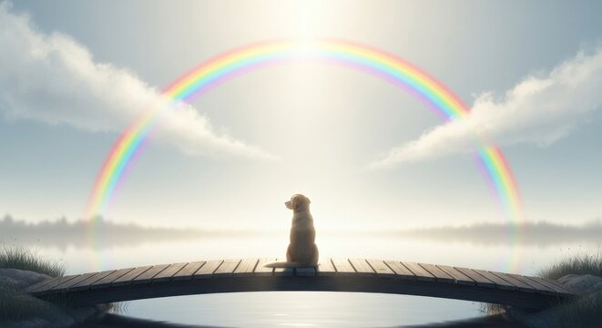 A dog sitting on a bridge with a rainbow in the background.