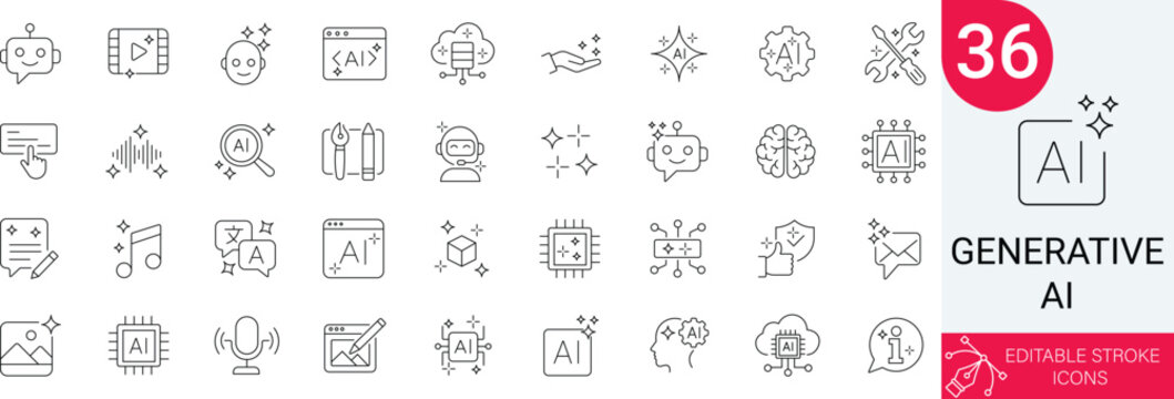 Generative AI Icons Set. Machine Learning, Chatbot, Neural Network, Algorithm, Prompt, Automation, Technology, Future, Innovation, Brain. 36 Professional Line Icons with Editable Stroke.