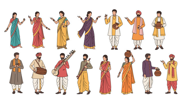 Collection of diverse Indian people wearing traditional clothing like sarees and dhotis while playing musical instruments or posing.