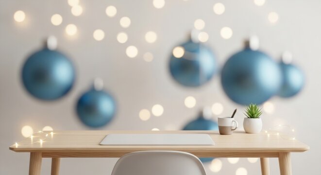 A wooden desk with a white mouse pad and a cup of coffee on it, with blue Christmas ornaments hanging in the background.