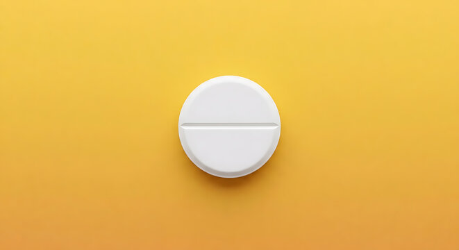 White medicine pill on a yellow background, top view, generative AI, minimalist concept.