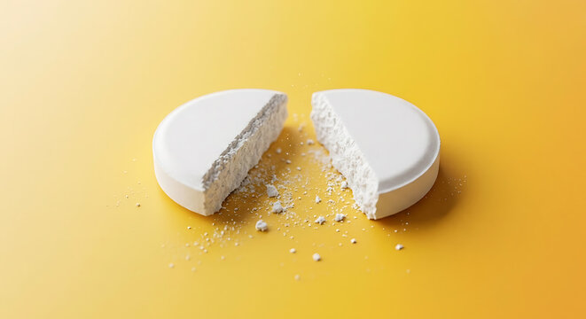White medicine pill broken in half on yellow background , generative AI. 