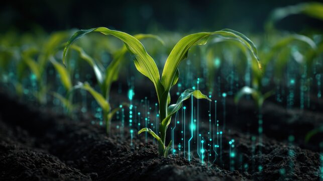 Young corn plant growing with digital network in dark soil
