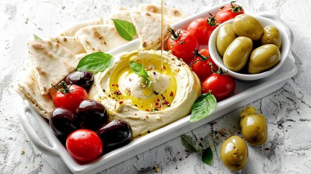Delicious Mediterranean Mezze Platter with Hummus Pita Bread Olives and Cherry Tomatoes Perfect for Appetizers Sharing or a Healthy Snack