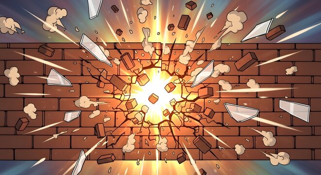 Explosive Brick Wall Breakthrough with Shattered Debris Burst