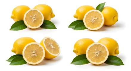 Fototapeta premium Lemons with leaves and sliced halves in four different arrangements on transparent background