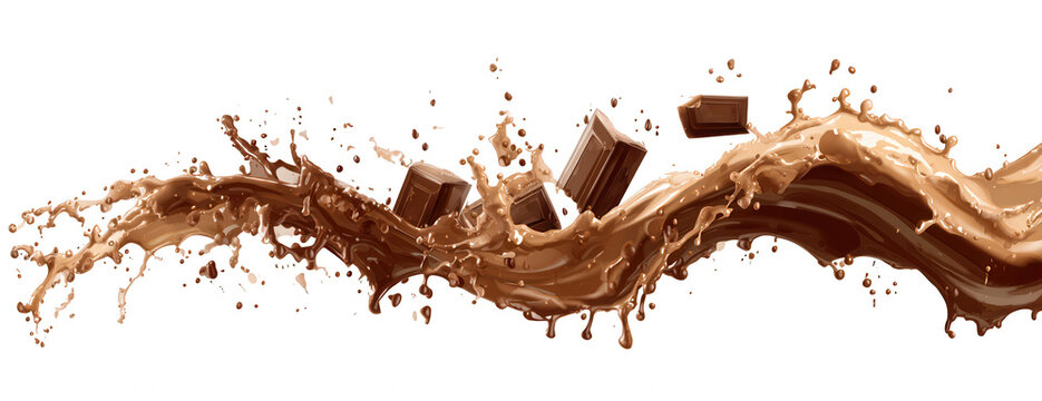 Schizzi dinamici di cioccolato fuso con cubetti che danzano nell'aria su sfondo bianco, evocando gusto e freschezza.
