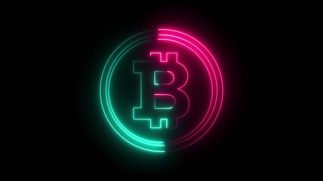 Neon, Glowing, Colorful Bitcoin icon animation. neon bitcoin lights on black background. Global finance bitcoin icon. 4k video animation.