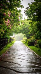 Fototapeta premium Serene Pathway Through Lush Greenery on a Rainy Day