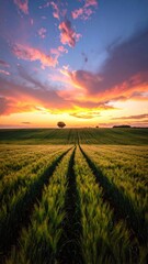 Fototapeta premium Golden Wheat Field During Sunset with Vibrant Colorful Sky