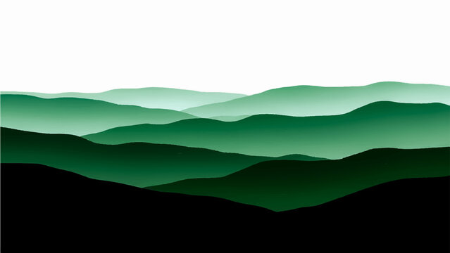 Abstract serene emerald mountain range layered landscape minimalist artistic gradient and graphic design tranquil nature scenic vista, horizon, atmospheric effect.