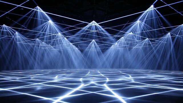 Dramatic stage lighting illuminates a dark concert hall floor with intricate laser patterns creating an abstract and futuristic atmosphere perfect for event promotion