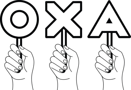 Three hands holding signs with the letters OXA in a simple line style