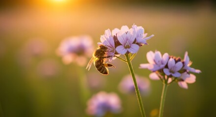 Fototapeta premium A bee pollinating a purple flower in a field at sunset.