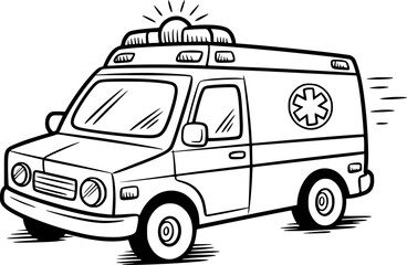 Hand Drawn Black and White Ambulance Vehicle with Star of Life Symbol White Background © Ayman