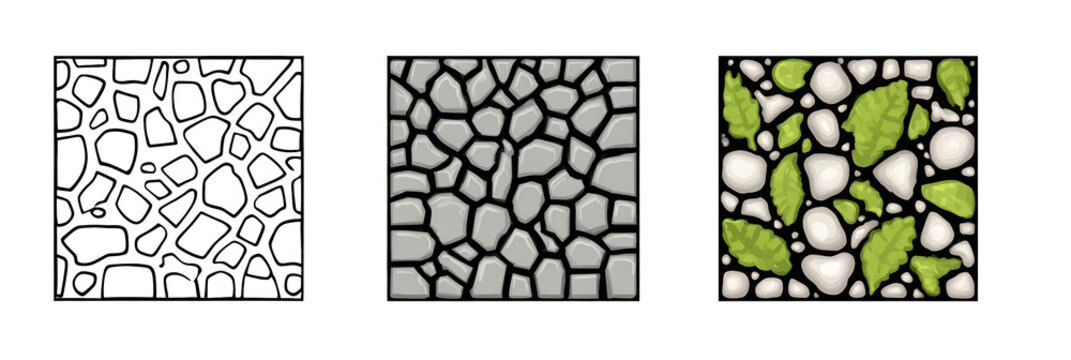 Tre modelli quadrati vettoriali che illustrano texture di pietre e foglie, ideali per sfondi o elementi di design grafico.