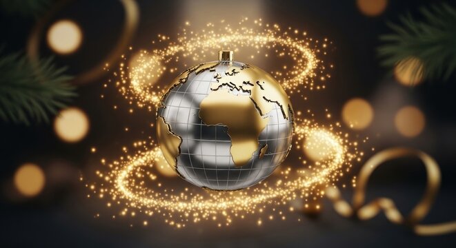 A golden and silver globe with a Christmas tree and lights in the background.