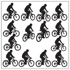 Obraz premium Set of bicycle and cyclist silhouettes featuring mountain bike riders and BMX athletes in action during a sport activity or race vector illustration