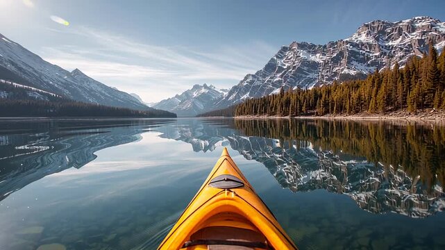 Point of view from a yellow kayak sailing on a calm, crystal clear lake surrounded by snow capped mountains and a pine forest