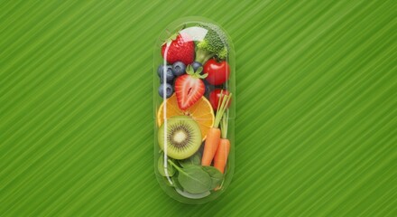 Fototapeta premium A colorful fruit salad in a transparent container on a green background.