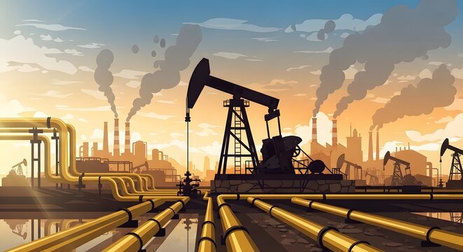 An oil pumpjack operates at an industrial site during sunset