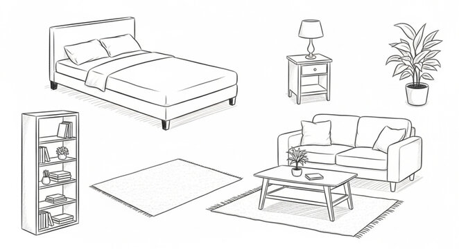 Bedroom and Living Room Furniture Arrangement Sketch.