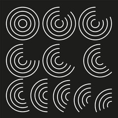 Fototapeta premium Circular arc set. Concentric line Vector. White curve detail. Black background focus. Manual vector only. No autotrace used.