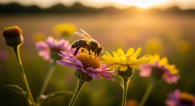 A bee on a flower in a field at sunset.