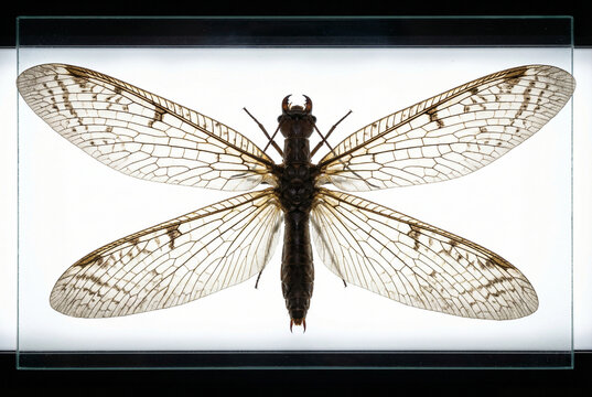 Spread wings of a female dobsonfly specimen on a white background