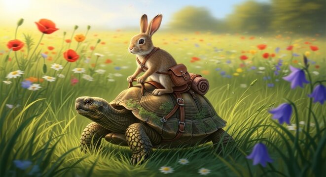 A hare riding a tortoise in a meadow with poppies and daisies.